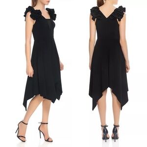 ✨NWT✨ HALSTON HERITAGE Ruffled Sleeve Handkerchief Hem Midi Dress Black Sz 2 XS